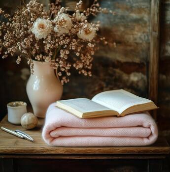 Cozy Indoor Setting With Books and a Soft Blanket on a Rustic Wooden Table Near a Window. photo
