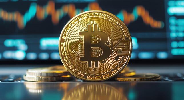 Bitcoin Coin on a Laptop Keyboard With Market Graph in the Background During Trading Hours. photo