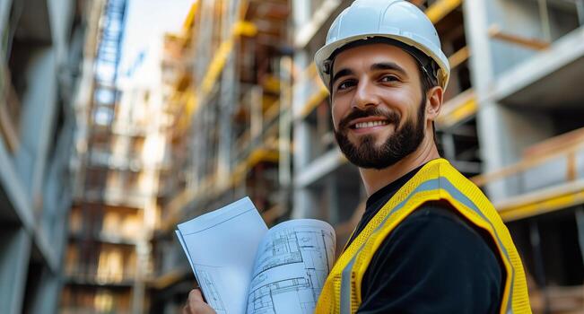 Construction Worker Smiles Confidently at Building Site While Holding Blueprints During Sunny Day. photo