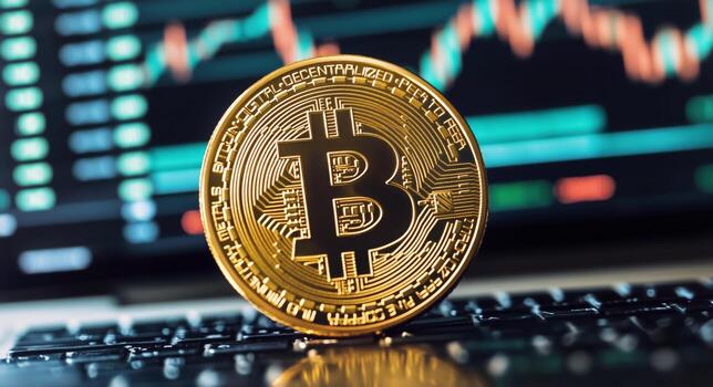 Bitcoin Cryptocurrency on a Keyboard With Financial Data Chart in the Background photo