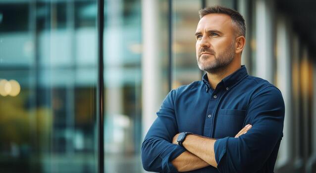 Confident Professional Man Posing by Glass Building in Urban Setting During Daylight. photo