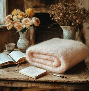 Cozy Indoor Setting With Books and a Soft Blanket on a Rustic Wooden Table Near a Window photo