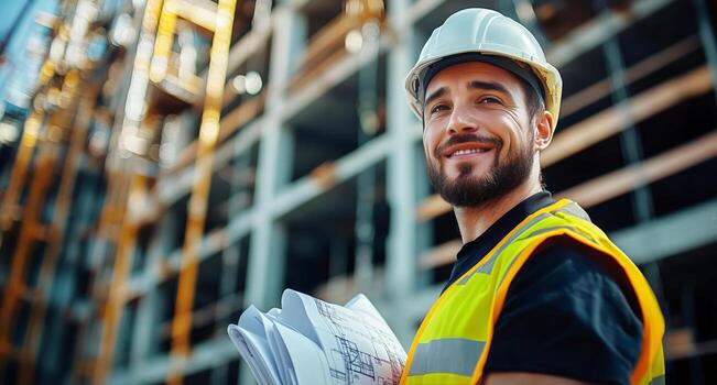 Construction Worker Smiles Confidently at Building Site While Holding Blueprints During Sunny Day photo