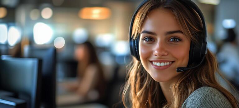 Smiling Operator in a Call Center During the Day Providing Customer Support photo