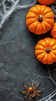 Halloween Pumpkins and Spider on a Dark Background With Cobwebs photo