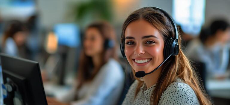Smiling Operator in a Call Center During the Day Providing Customer Support. photo