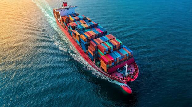 Cargo Ship Navigating Open Waters With Colorful Shipping Containers During Daylight. photo