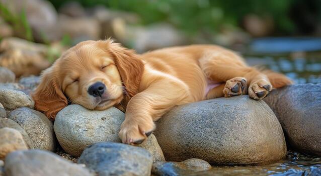 Golden Retriever Puppy Peacefully Rests on Smooth Stones by a Gentle Stream in Nature on a Sunny Day. photo