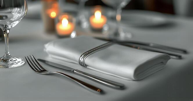Elegant Table Setting With Silverware and Candlelight for a Romantic Dinner. photo