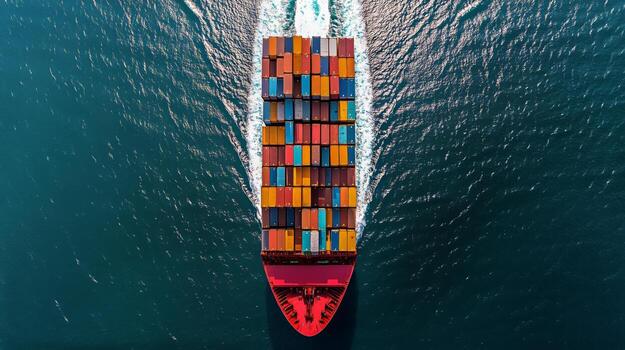 Cargo Ship Navigating Open Waters With Colorful Shipping Containers During Daylight photo
