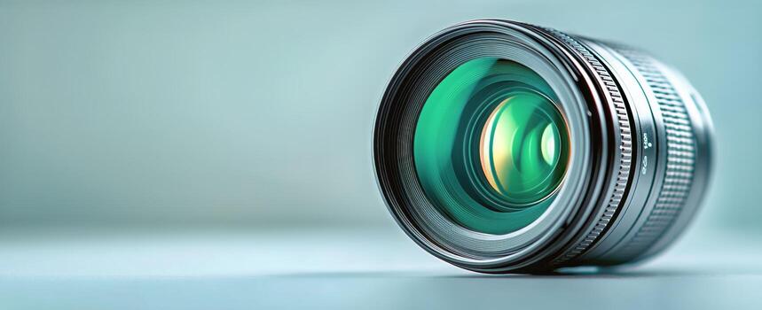 Camera Lens Resting on White Surface With Green Tint Reflecting Light in Studio Setting photo