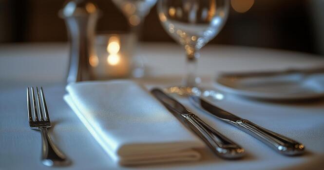 Elegant Table Setting With Sparkling Glassware and Candlelight at a Fine Dining Restaurant in the Evening. photo