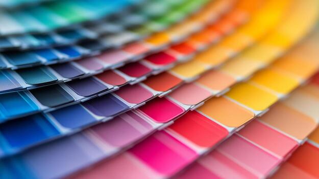 Colorful Spectrum of Paint Swatches Arranged in a Gradient Display Showcasing Various Shades and Hues photo