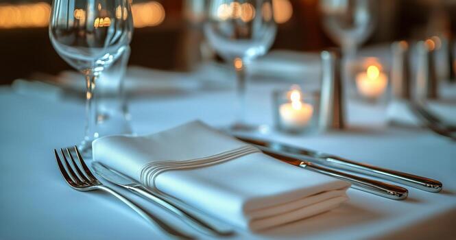Elegant Table Setting With Sparkling Glassware and Candlelight at a Fine Dining Restaurant in the Evening photo