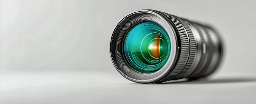 Camera Lens Resting on White Surface With Green Tint Reflecting Light in Studio Setting. photo