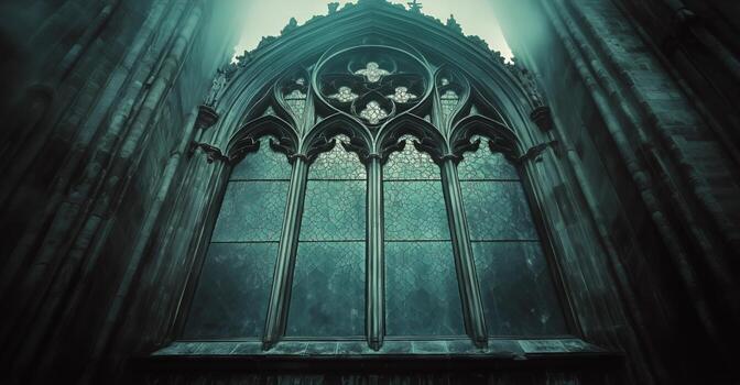 Gothic Architectural Detail of Stained Glass Window in Historic Cathedral Illuminated by Soft Light photo