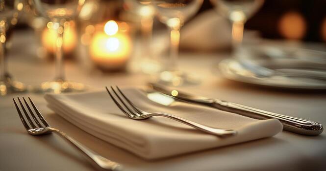 Elegant Table Setting With Silverware and Candlelight for a Romantic Dinner photo