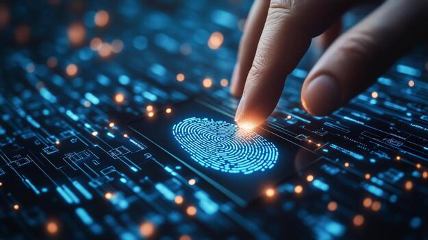 High-tech Biometric Fingerprint Scanning Process on a Digital Interface in a Modern Environment. photo