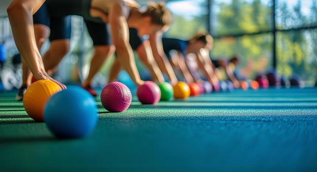 Group Workout With Colorful Exercise Balls in a Fitness Center During Daylight. photo