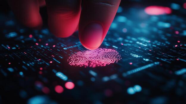 punta del dedo exploración digital huella dactilar en iluminado teclado a noche. foto