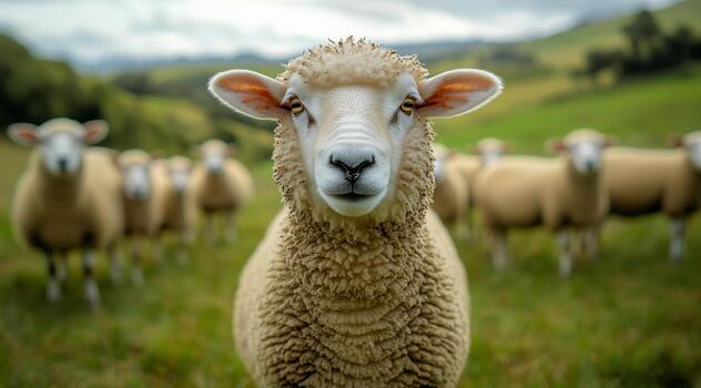 Charming Sheep Enjoys a Sunny Afternoon in a Lush Green Pasture Surrounded by Fellow Sheep photo