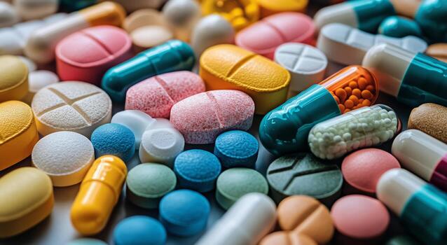 Variety of Capsules and Tablets Scattered on a Blue Surface in a Detailed Display. photo