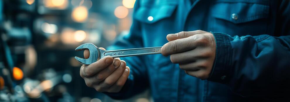Skilled Worker Holding a Wrench in a Workshop During Daylight Hours in an Industrial Setting. photo