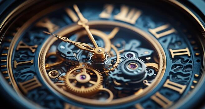 Intricate Details of a Mechanical Watch Showcasing Gears and Roman Numerals in a Close-Up View photo