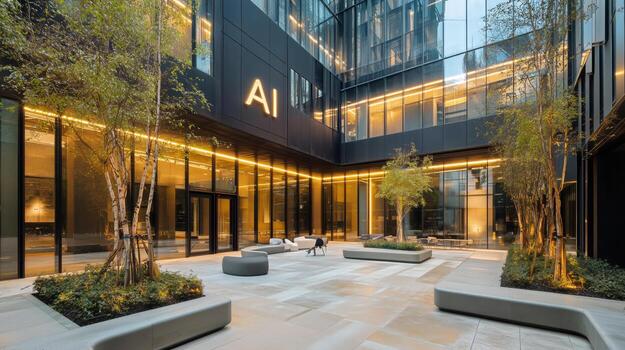 Modern Urban Courtyard Featuring Sleek Architecture and Greenery During Twilight Hours photo