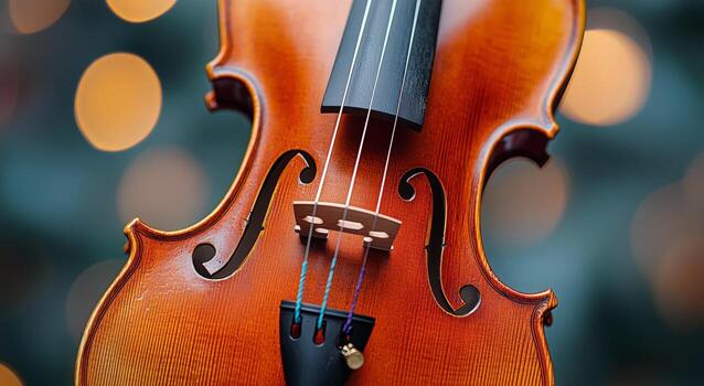 Elegant Violin in Close-Up Showcasing Craftsmanship and Vibrant Tones Within a Soft Background. photo