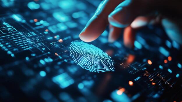 High-tech Biometric Fingerprint Scanning Process on a Digital Interface in a Modern Environment photo