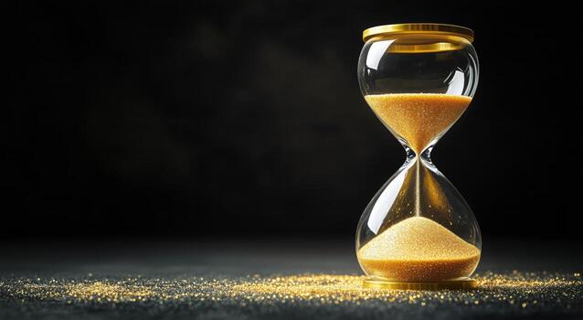 Hourglass With Golden Sand Reflecting Light in a Dark Setting Creates a Sense of Time Passing. photo