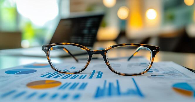 Glasses Rest on Financial Report While Laptop Displays Data Insights in Warm-Lit Workspace. photo
