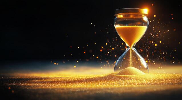 reloj de arena con dorado arena reflejando ligero en un oscuro ajuste crea un sentido de hora paso foto