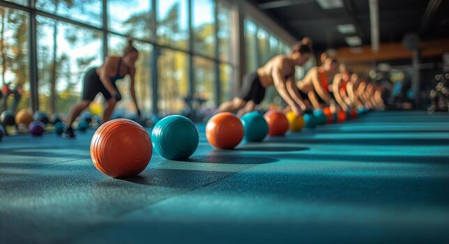 Group Workout With Colorful Exercise Balls in a Fitness Center During Daylight photo