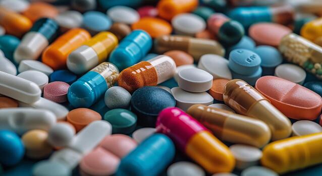 Variety of Capsules and Tablets Scattered on a Blue Surface in a Detailed Display photo