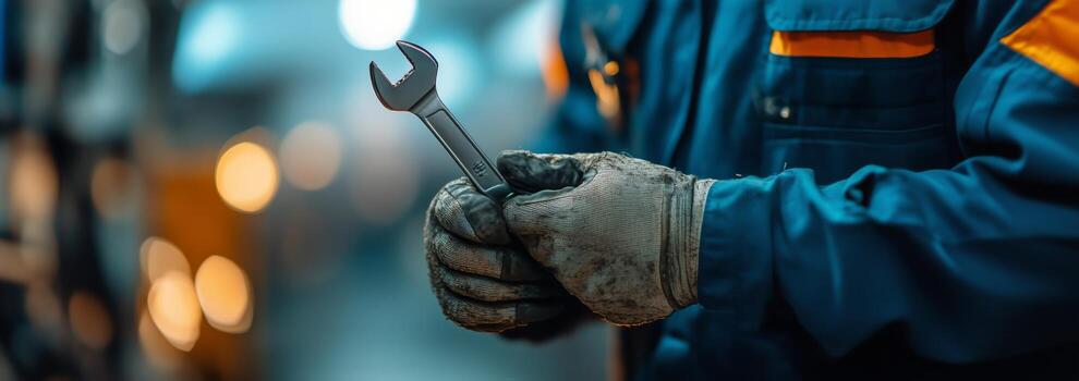 Worker Holds a Wrench While Preparing for Mechanical Maintenance in a Workshop at Night photo