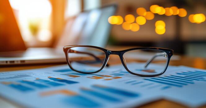 Glasses Rest on Financial Report While Laptop Displays Data Insights in Warm-Lit Workspace photo