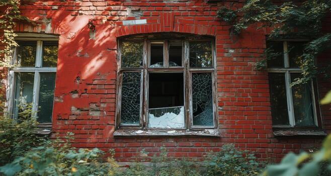 Abandoned Brick Building With Cracked Windows Surrounded by Overgrown Foliage in Daylight photo