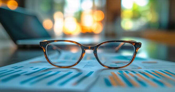 Glasses on a Table With Documents and a Laptop in a Well-Lit Workspace During the Day photo