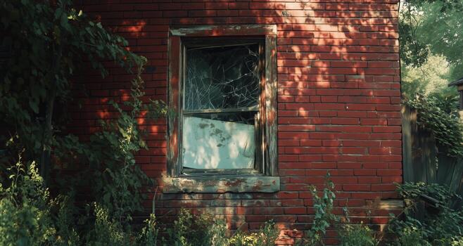 Abandoned Brick Building With Cracked Windows Surrounded by Overgrown Foliage in Daylight. photo