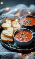 delicioso en forma de corazon brindis servido con calentar tomate sopa en acogedor ajuste. foto