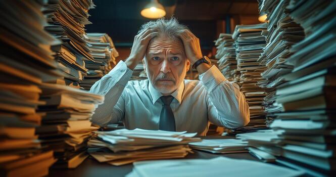 Overwhelmed Office Worker Surrounded by Paperwork in Late Evening Lighting photo
