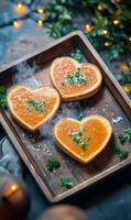 delicioso en forma de corazon pasteles con naranja relleno adornado con hierbas en de madera bandeja foto