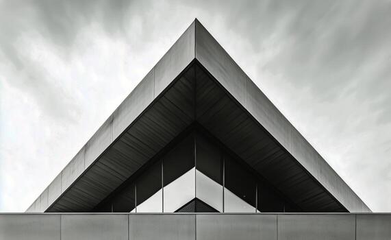 Modern Architectural Design Showcasing Triangular Roof and Large Glass Windows Against Cloudy Sky photo
