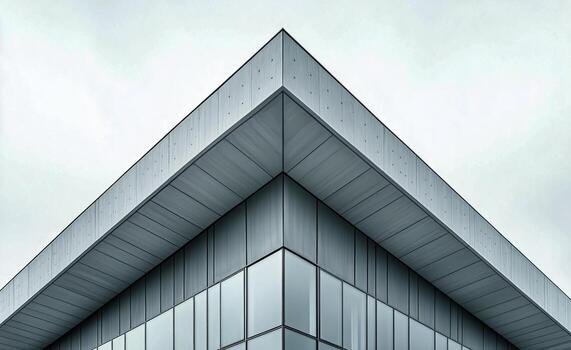 Modern Architectural Design Showcasing Triangular Roof and Large Glass Windows Against Cloudy Sky. photo