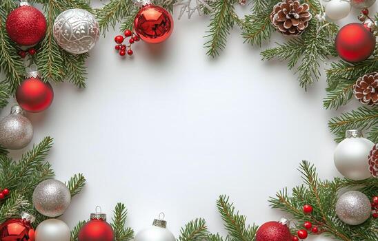 fiesta decoraciones con rojo y plata adornos arreglado en un blanco antecedentes en un festivo diseño foto