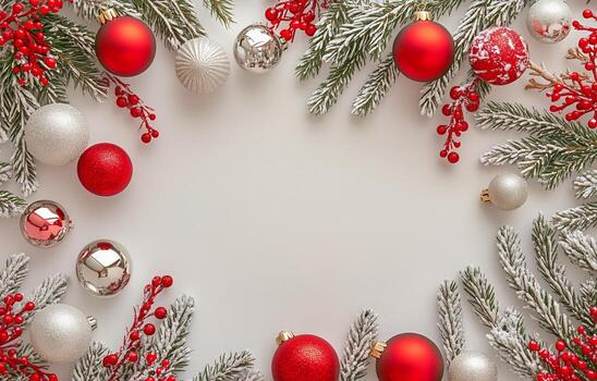 fiesta decoraciones con rojo y plata adornos arreglado en un blanco antecedentes en un festivo disposición. foto