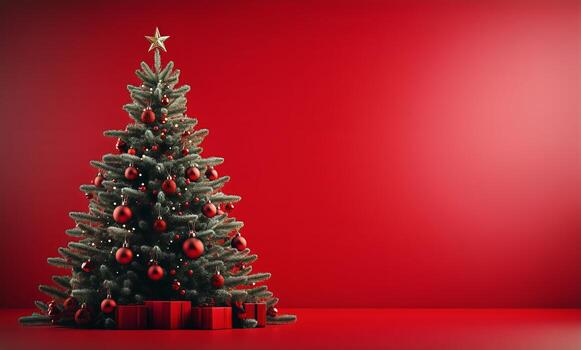 Festive Christmas Tree Adorned With Red Ornaments and Presents Against a Vibrant Red Background photo