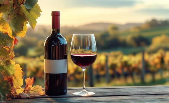Enjoying Red Wine at Sunset in a Vineyard With Scenic Landscape and Grape Clusters. photo